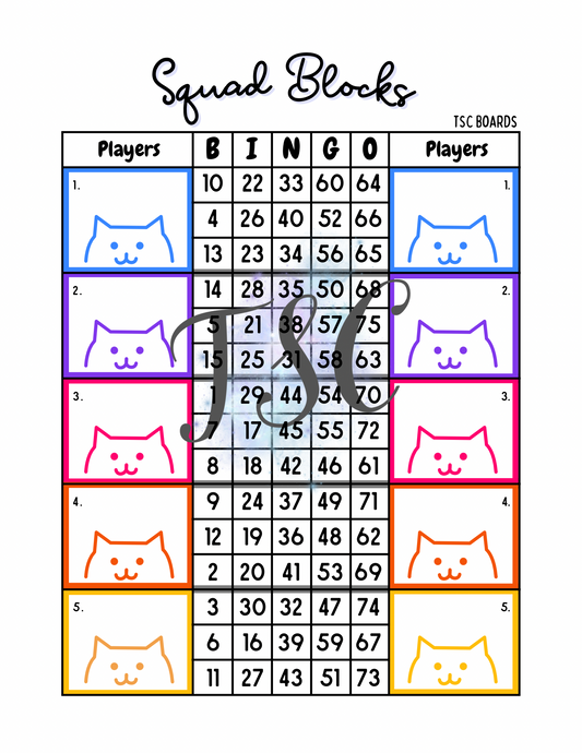Squad Blocks Cat Bingo Board 1-75 Ball