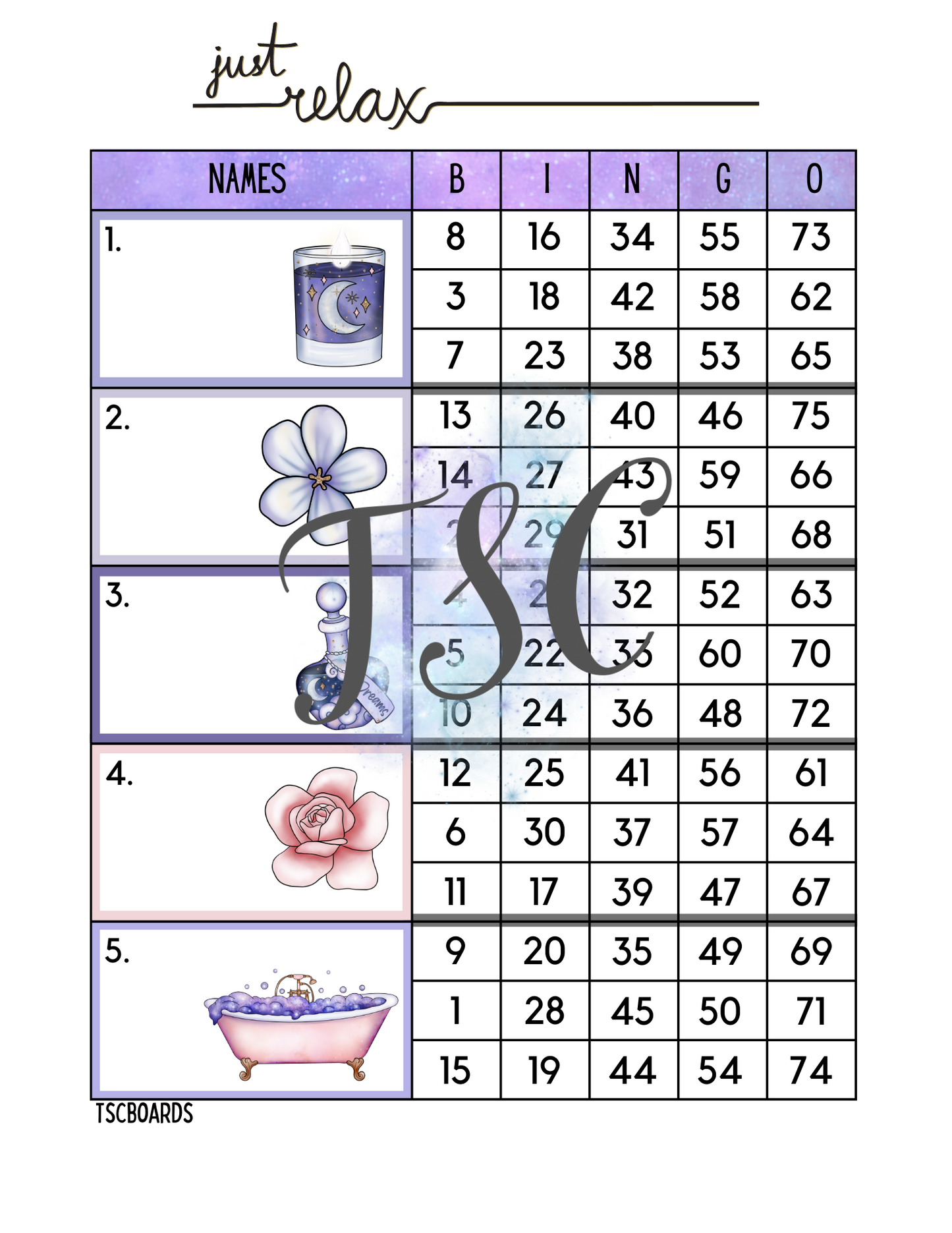 Just Relax Block Bingo Board 1-75 Ball