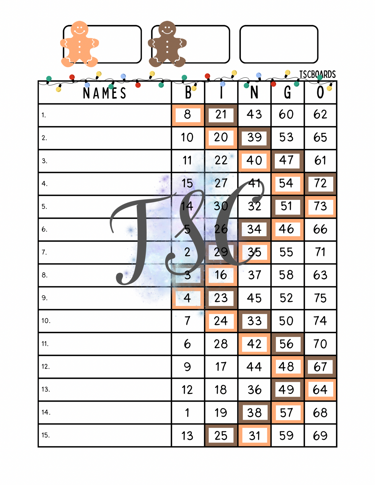 Gingerbread Man Bingo Board 1-75 Ball