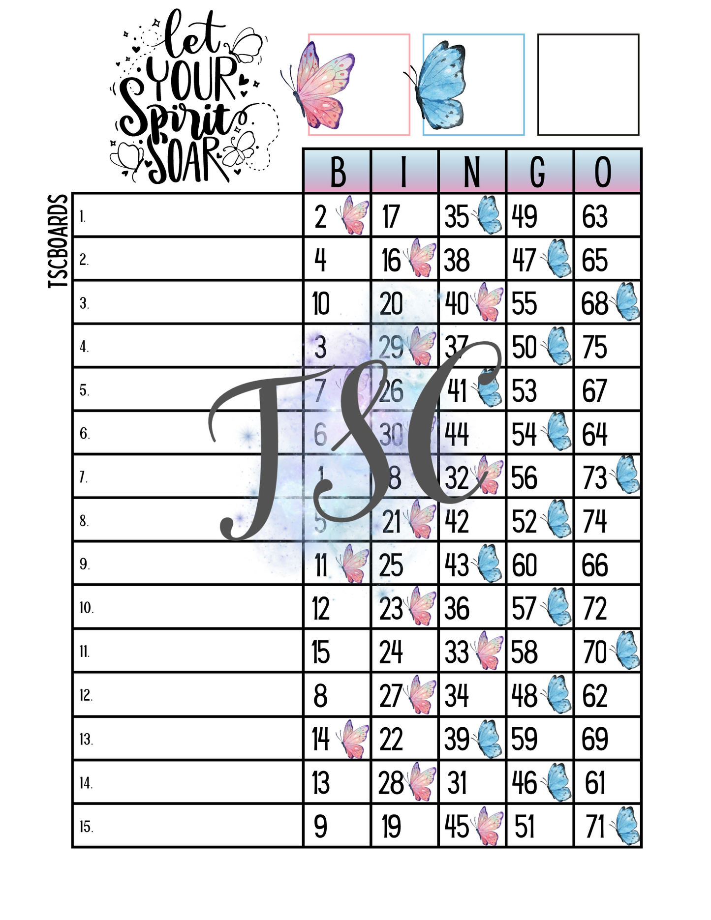 Let Your Spirit Soar Bingo Board 1-75 Ball