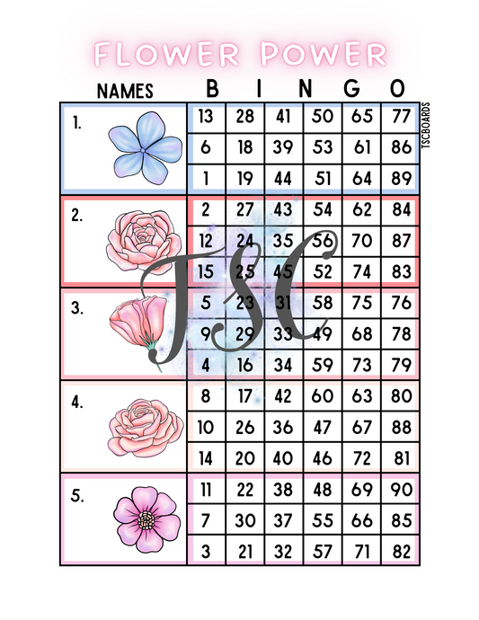 Flower Power Block Bingo Board 1-90 Ball