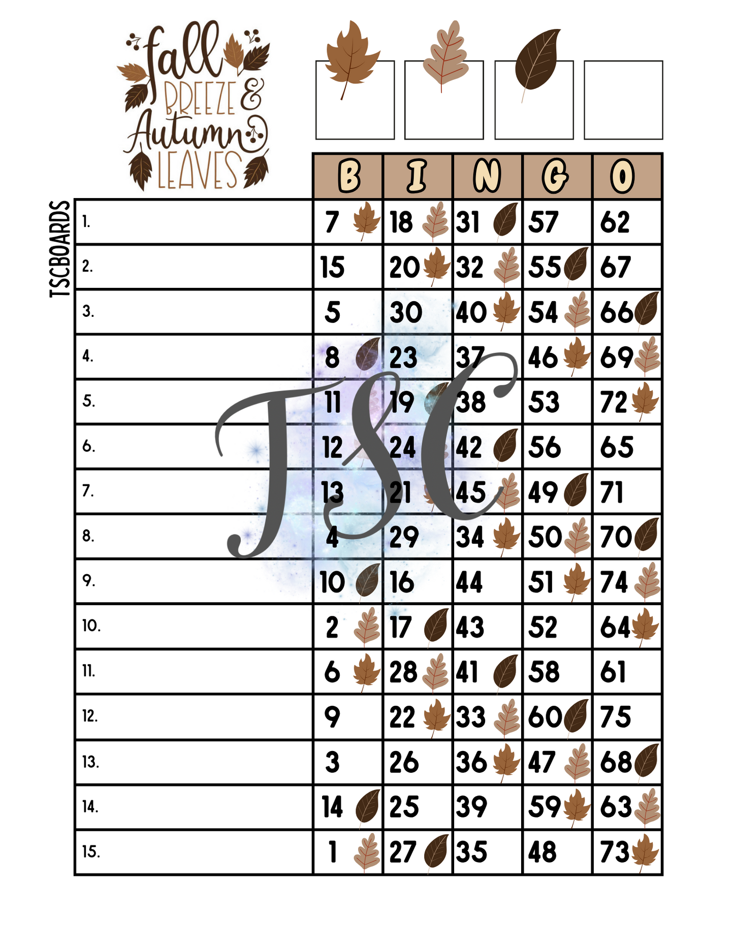 Fall Breeze Autumn Leaves Bingo Board 1-75 Ball