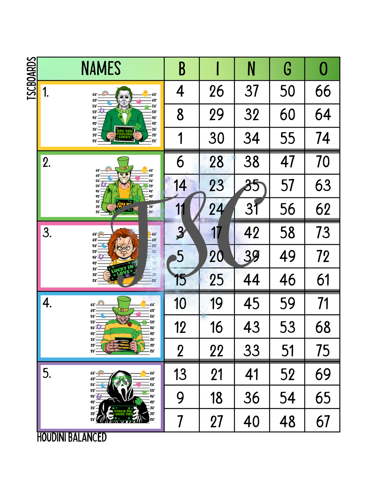 Horror St Patricks Day Super Easter Block Bingo Board 1-75 Ball