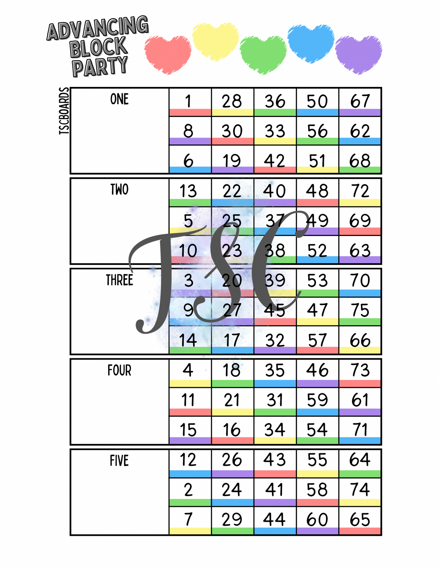 Advancing Block Party Main Bingo Board 1-75 Ball
