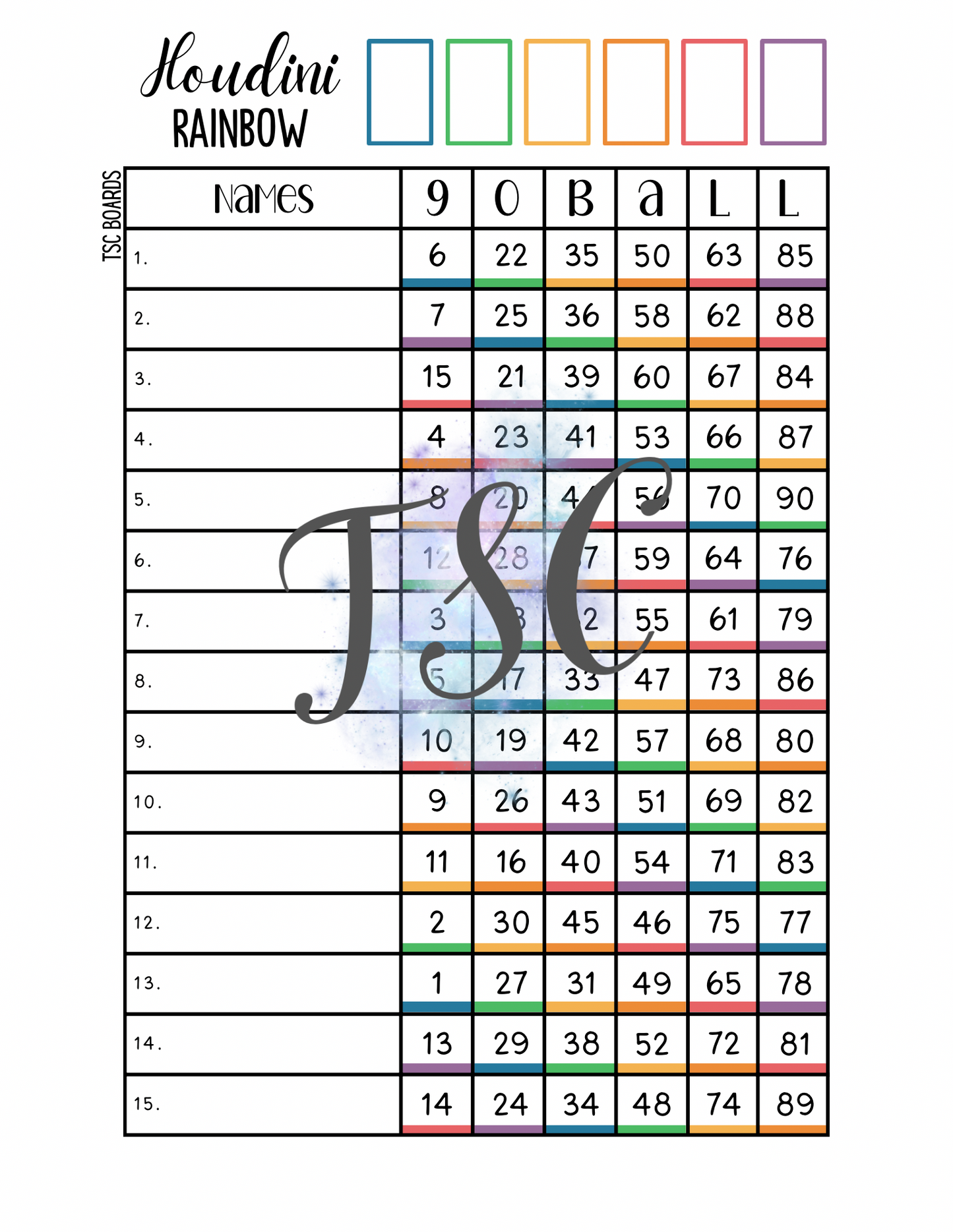 Houdini Rainbow Bingo Board 1-90 Ball