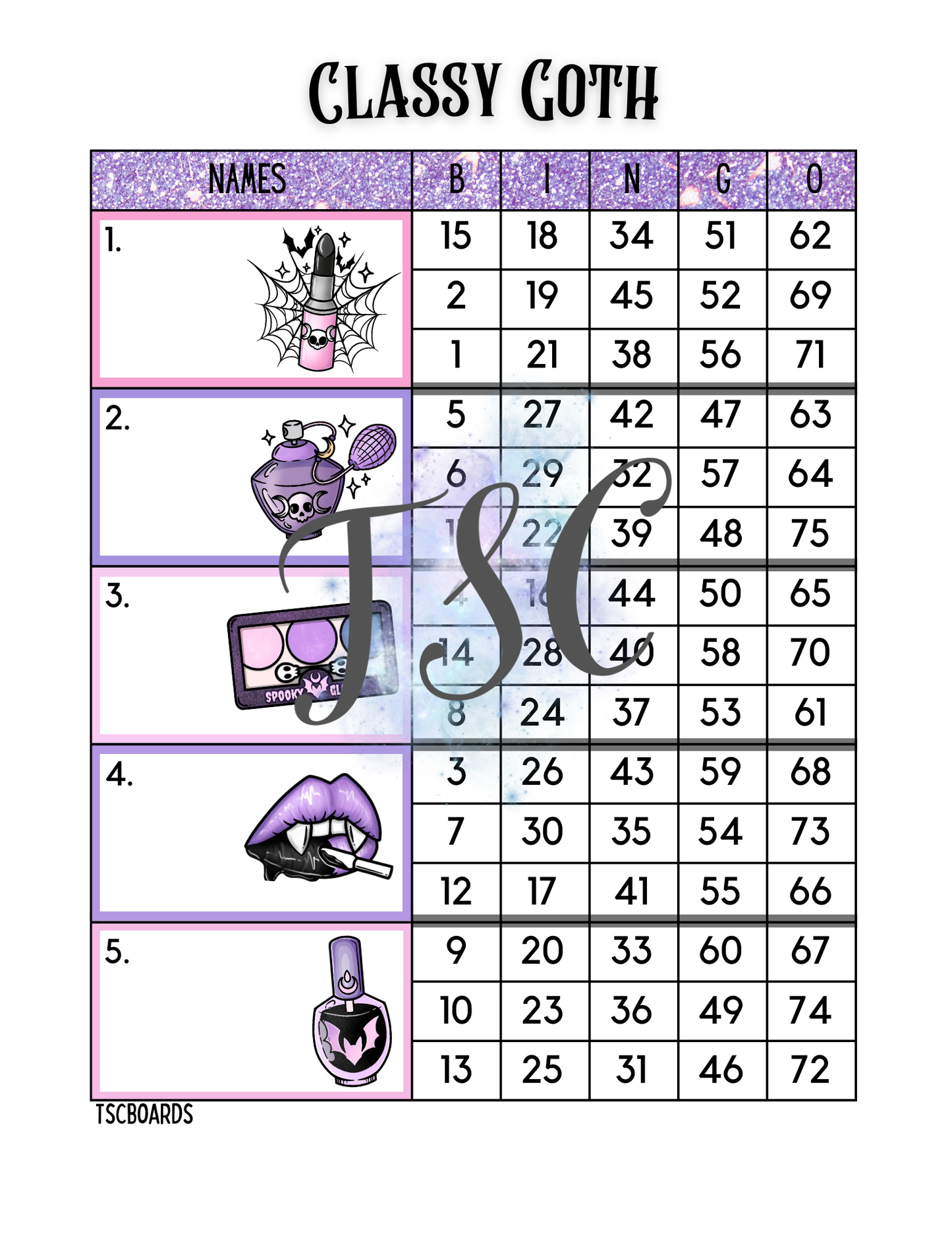 Classy Goth Block Bingo Board 1-75 Ball
