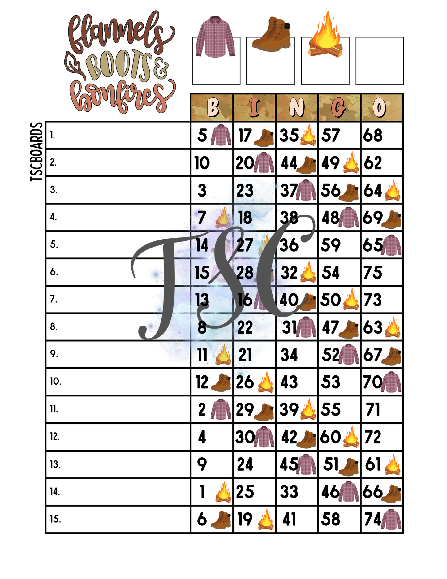 Flannels Boots & Bonfires Bingo Board 1-75 Ball