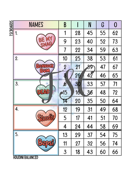 Rez Hearts Block Bingo Board 1-75 Ball