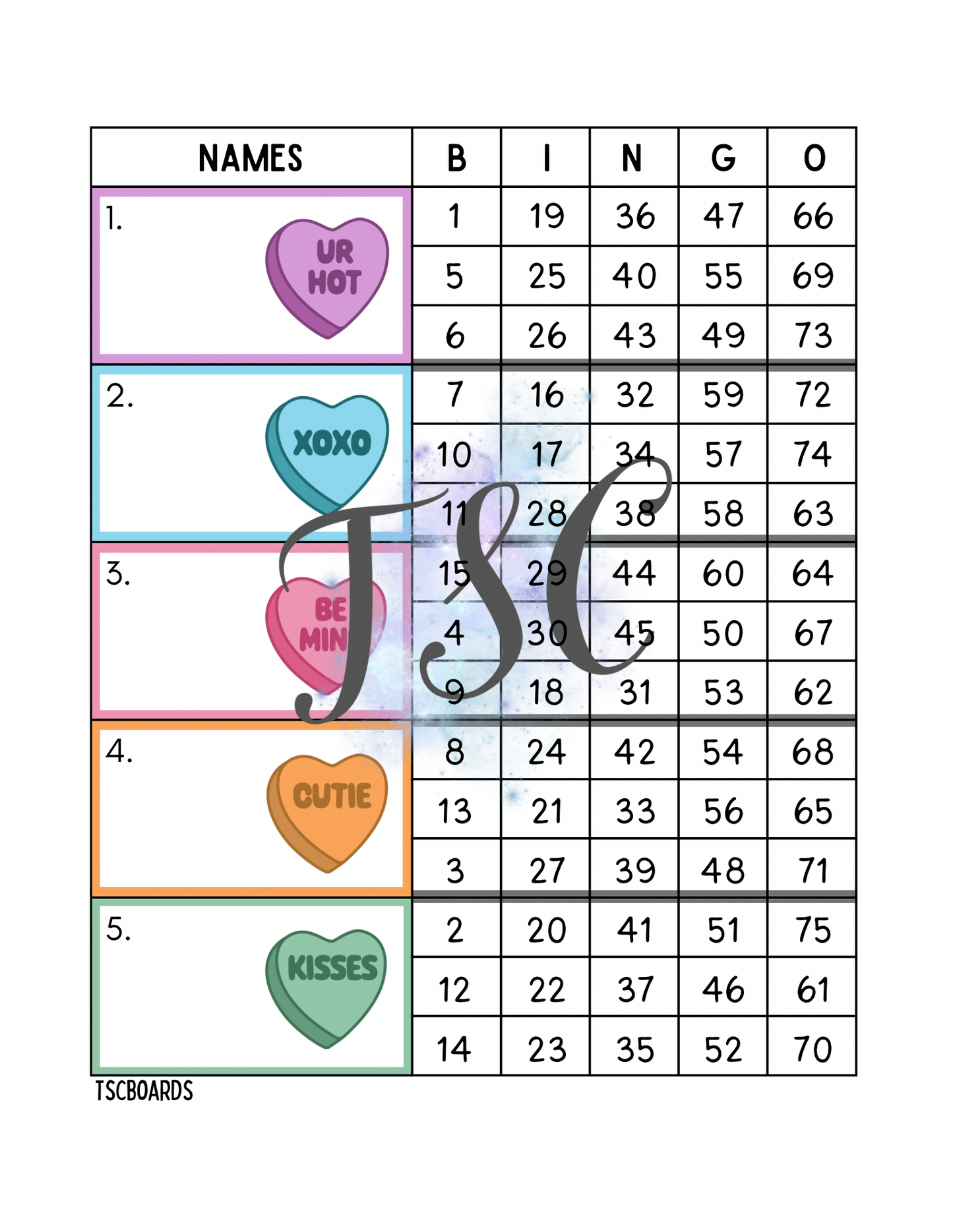 Conversation Hearts Bingo Board 1-75 Ball