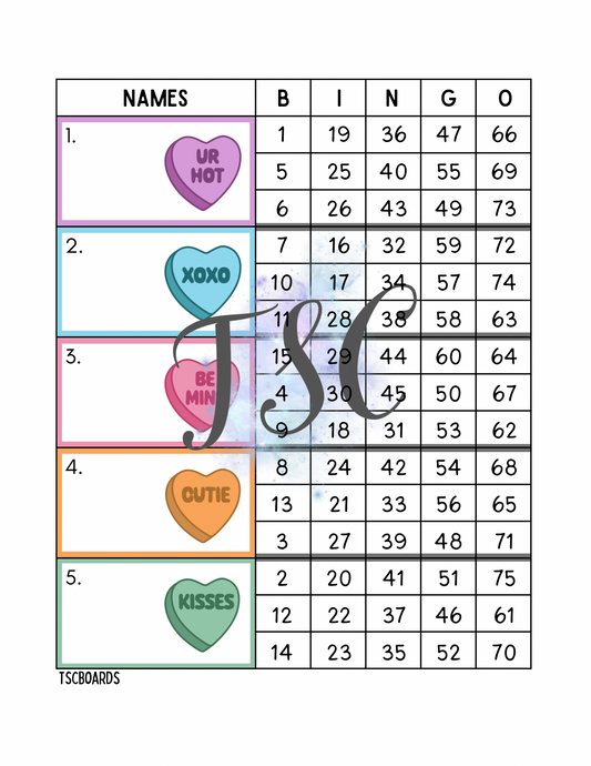Conversation Hearts Bingo Board 1-75 Ball