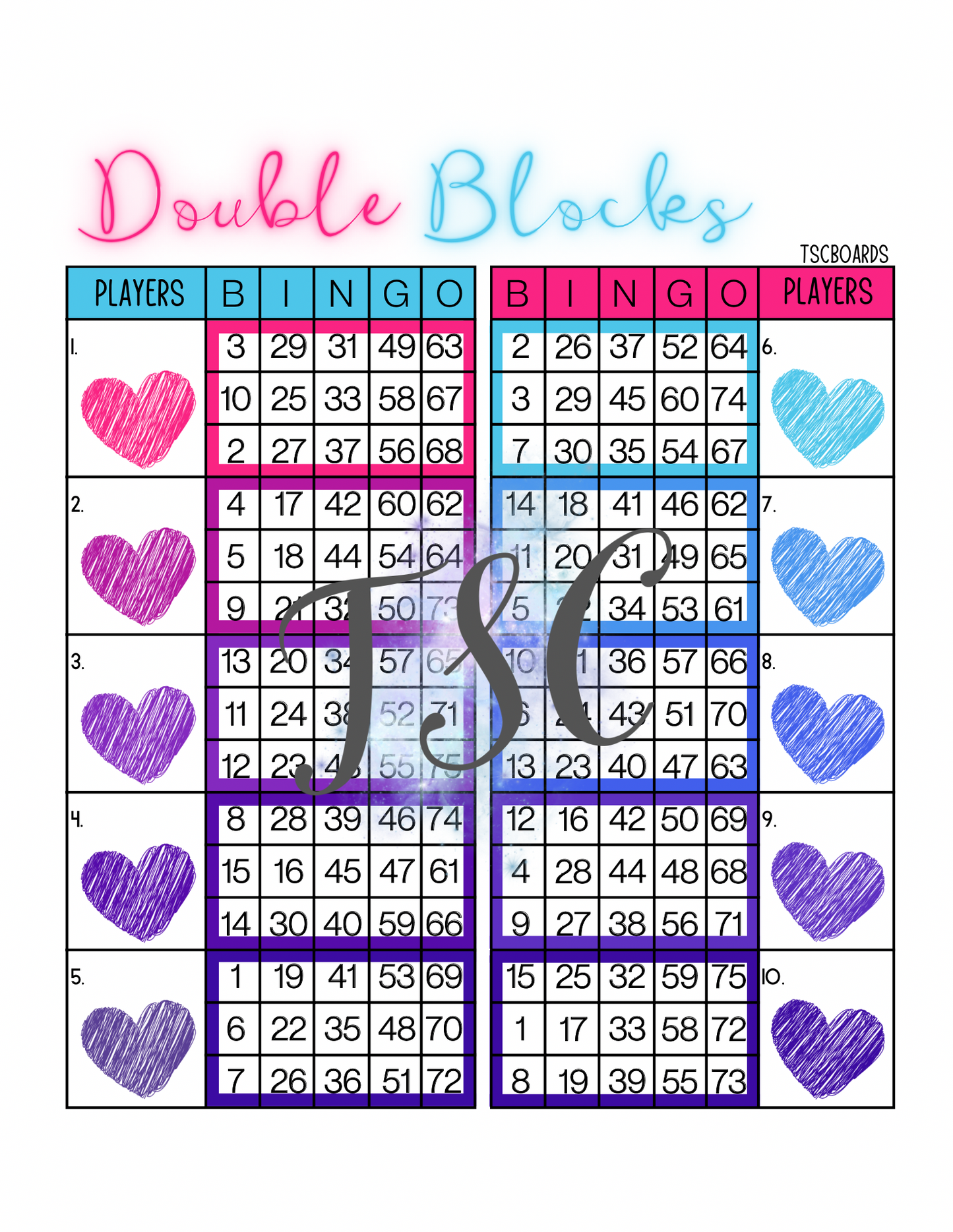 Hearts Double Block Bingo Board 1-75 Ball