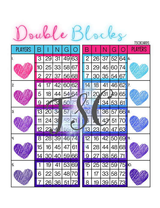 Hearts Double Block Bingo Board 1-75 Ball