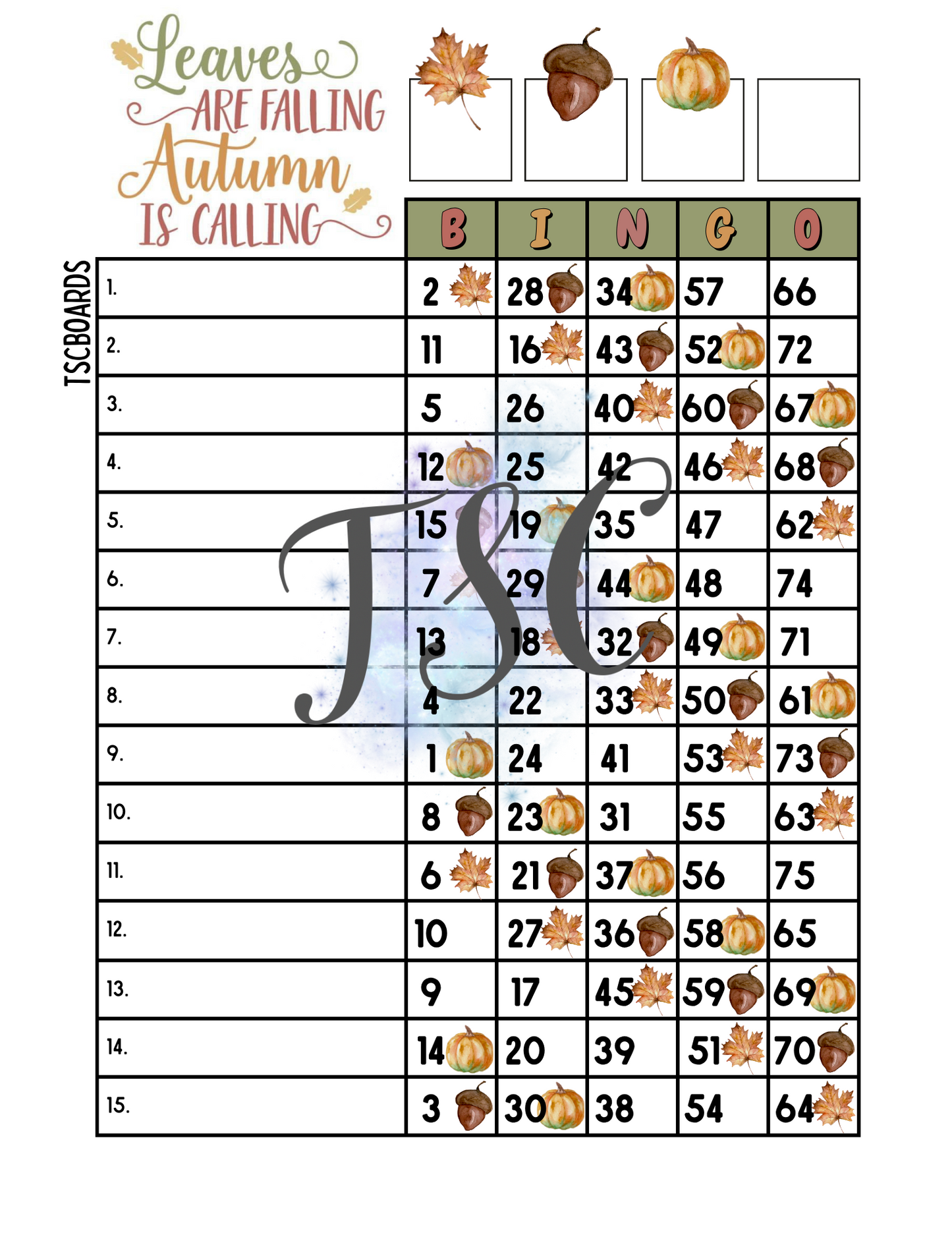 Leaves Are Falling Autumn Is Calling Bingo Board 1-75 Ball