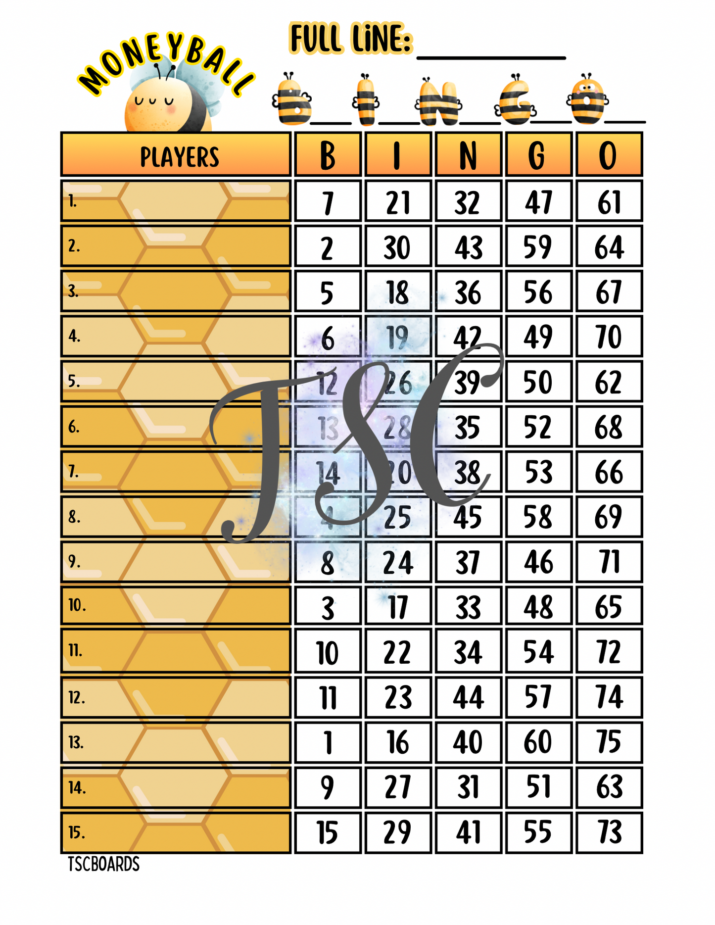 Bee Moneyball Bingo Board 1-75 Ball
