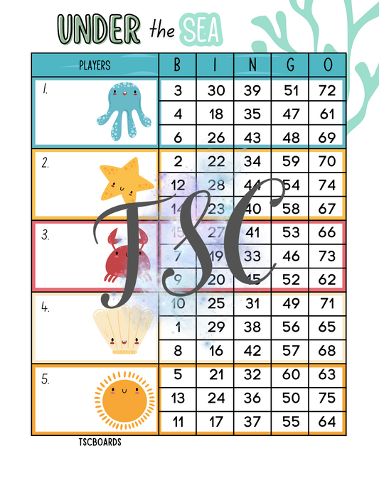 Under the Sea Block Bingo Board 1-75 Ball
