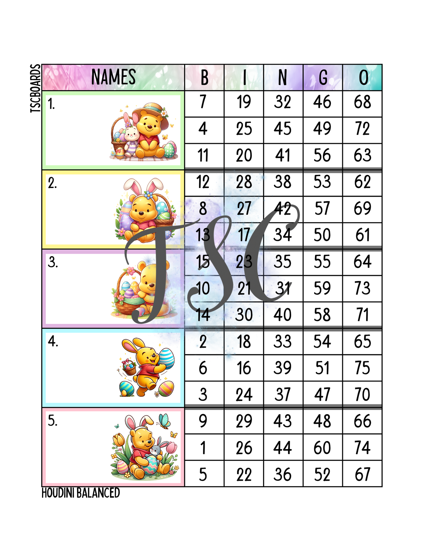 Easter Pooh Block Bingo Board 1-75 Ball