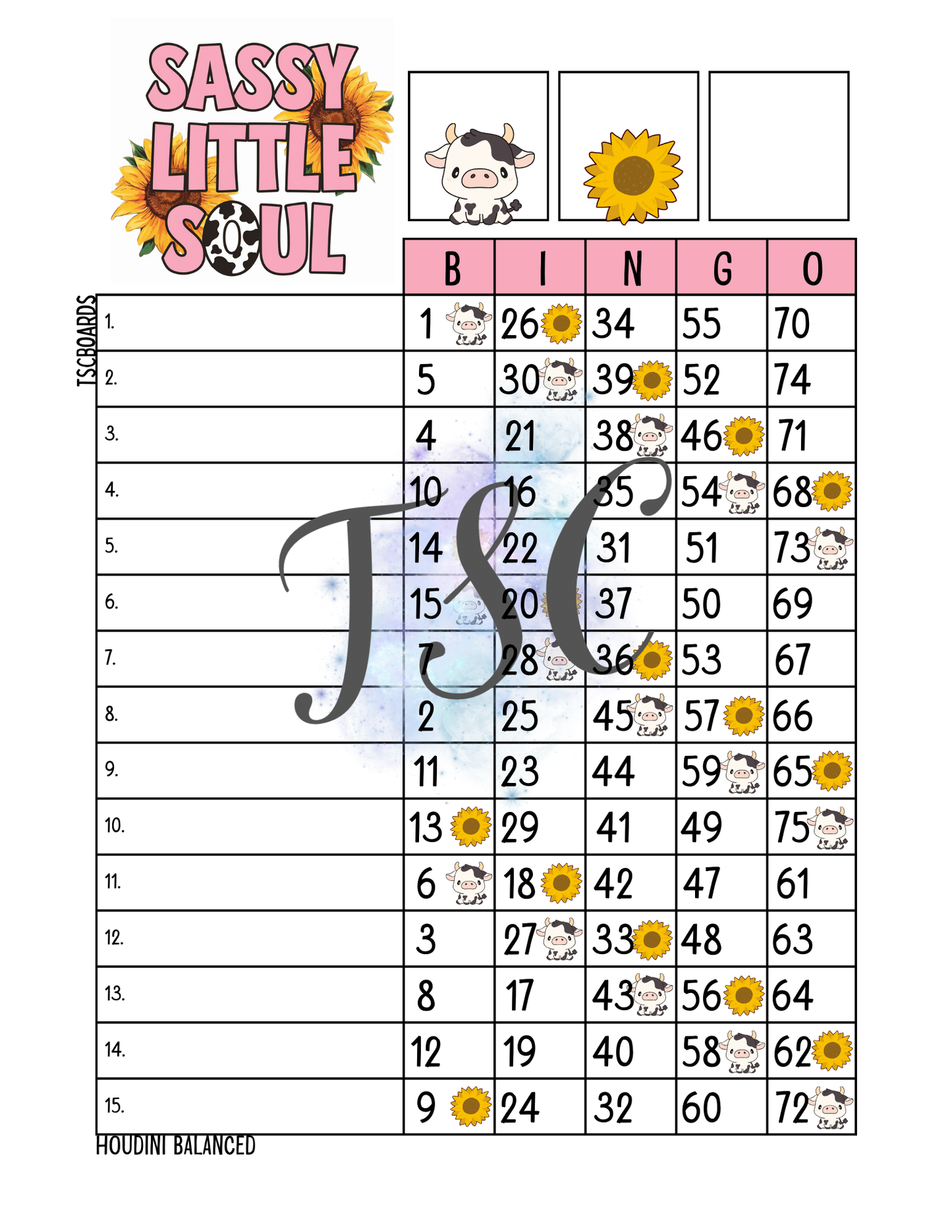 Sassy Little Soul Bingo Board 1-75 Ball