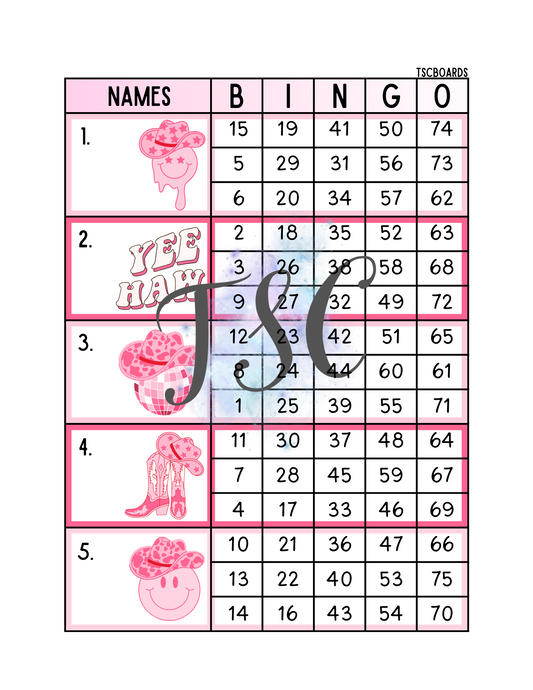 Pink Yeehaw Bingo Board 1-75 Ball
