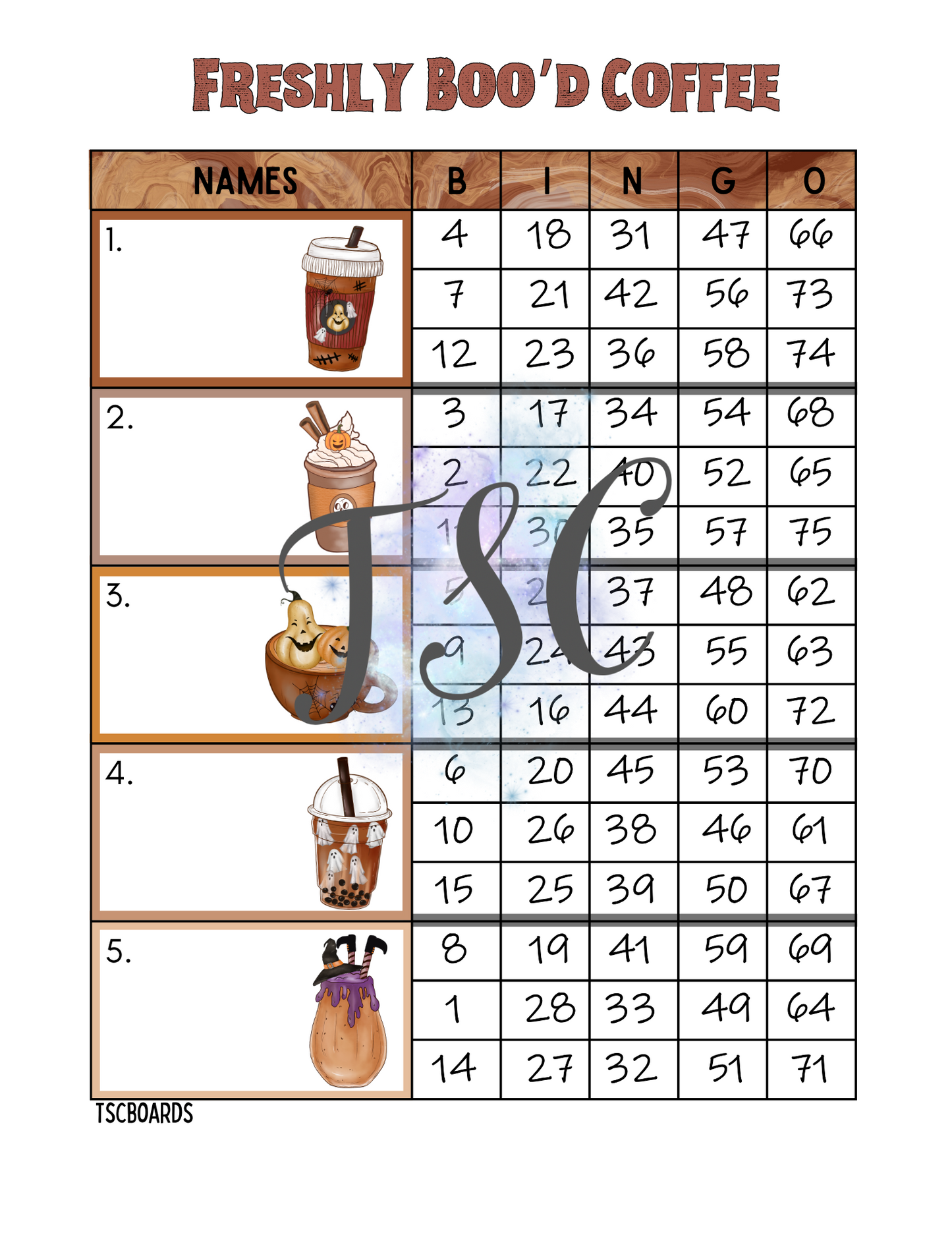 Freshly Boo’d Coffee Block Bingo Board 1-75 Ball