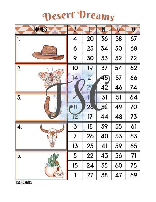 Desert Dreams Block Bingo Board 1-75 Ball