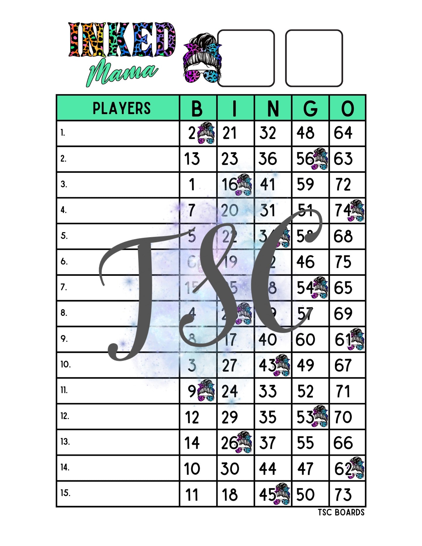 Inked Mama Bingo Board 1-75 Ball