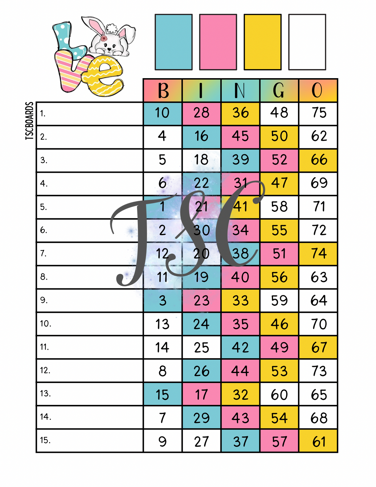 Love Bunny Bingo Board 1-75 Ball