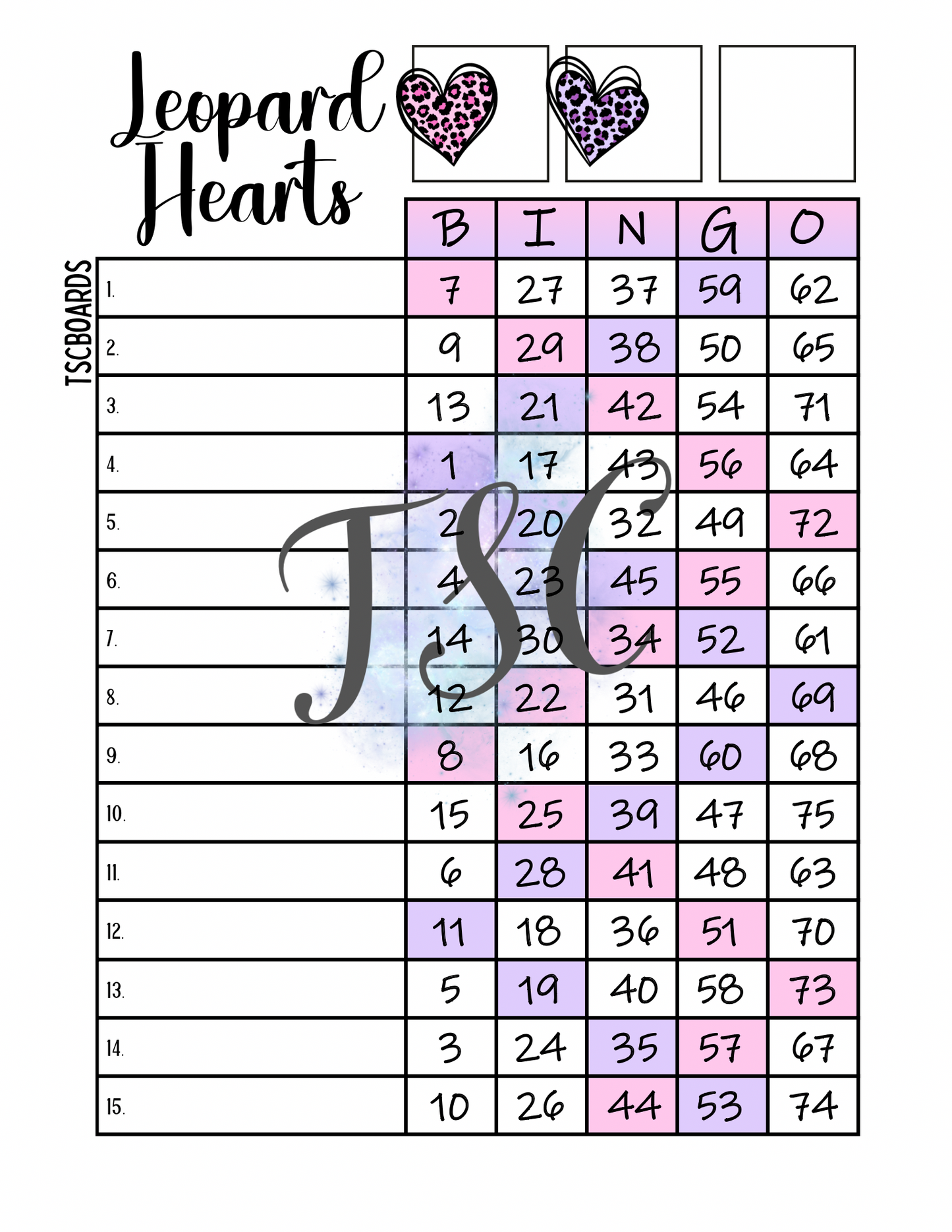Leopard Hearts Bingo Board 1-75 Ball 1-15 Line
