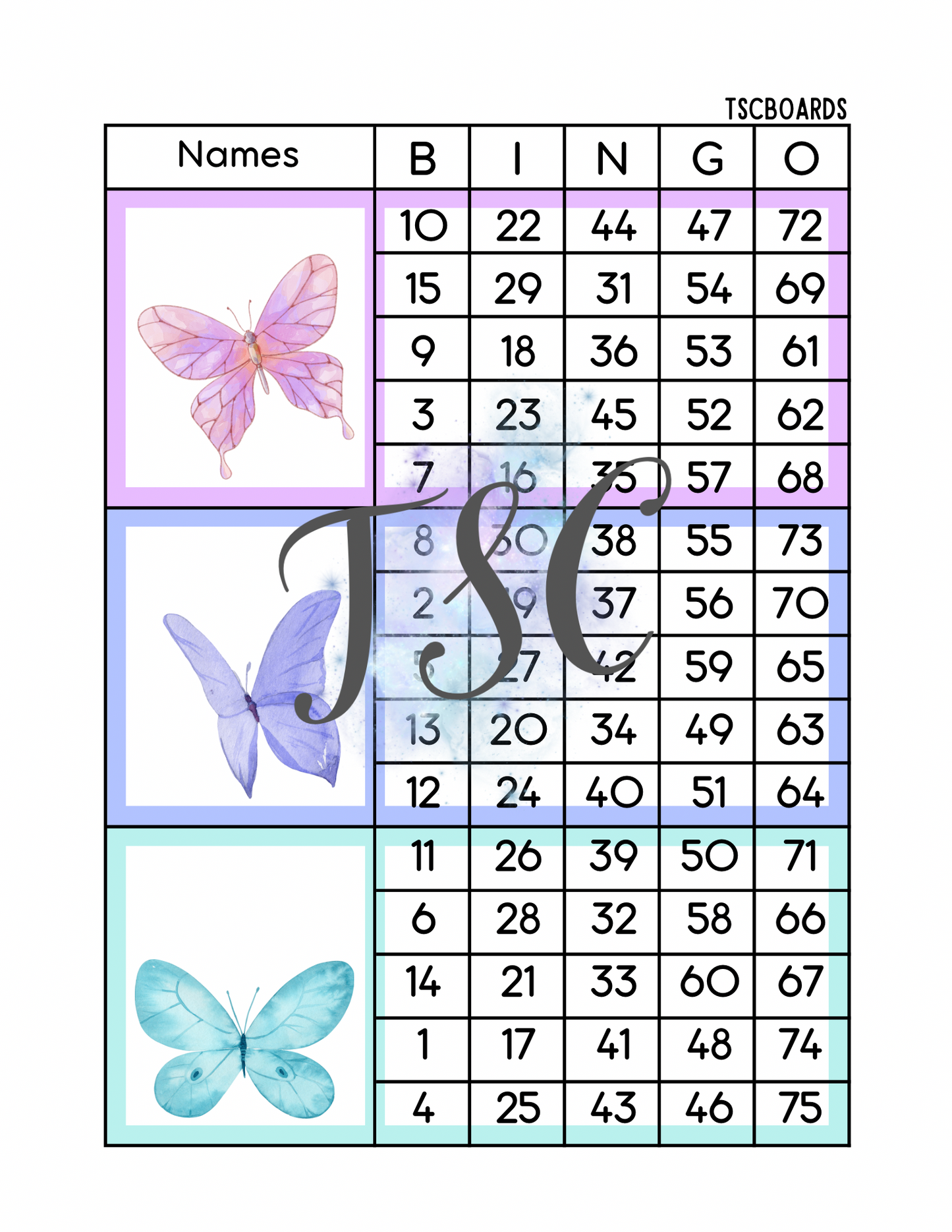 Butterflies Mega Block Bingo Board 1-75 Ball