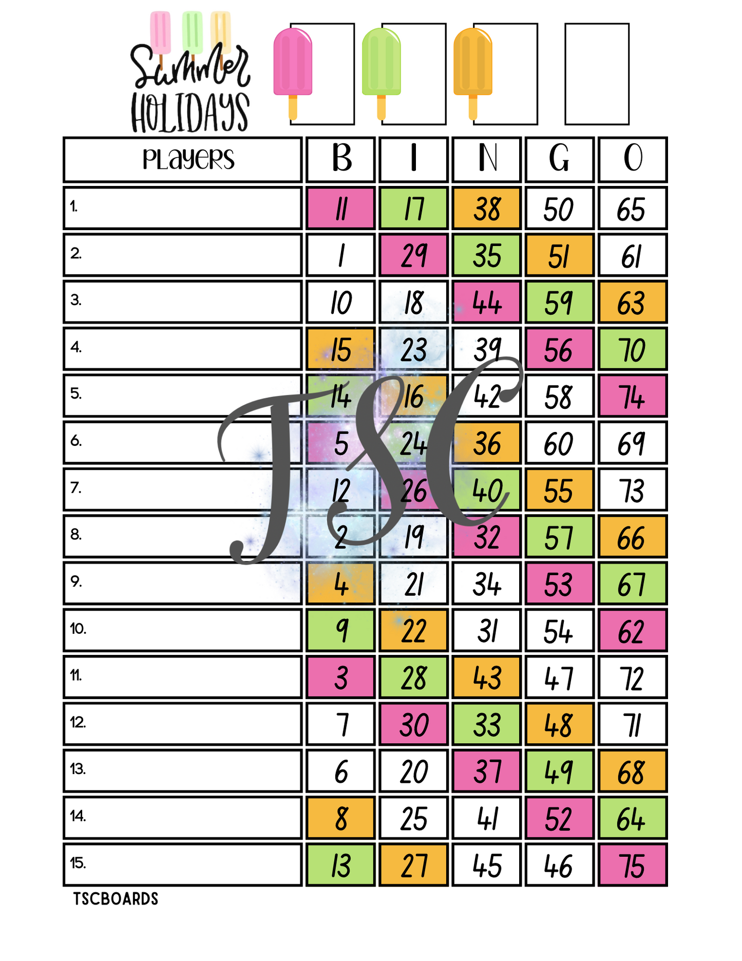 Summer Holidays Bingo Board 1-75 Ball