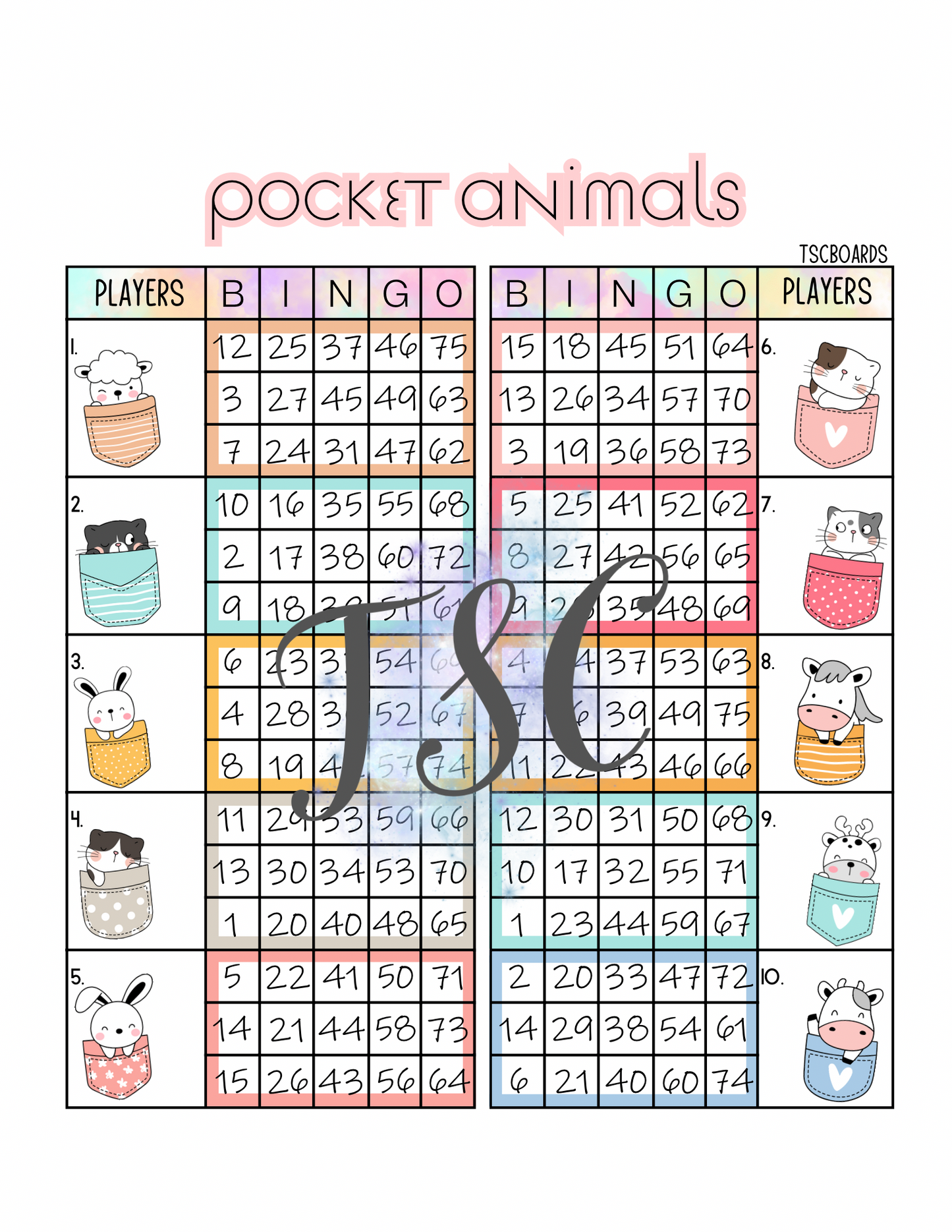 Pocket Animals Double Block Bingo Board 1-75 Ball