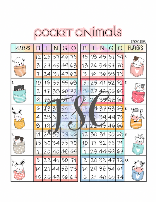 Pocket Animals Double Block Bingo Board 1-75 Ball