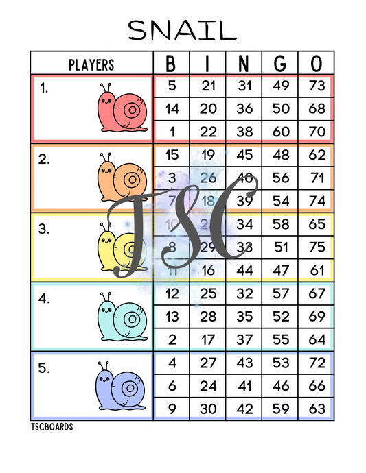 Snail Rainbow Block Bingo Board 1-75 Ball