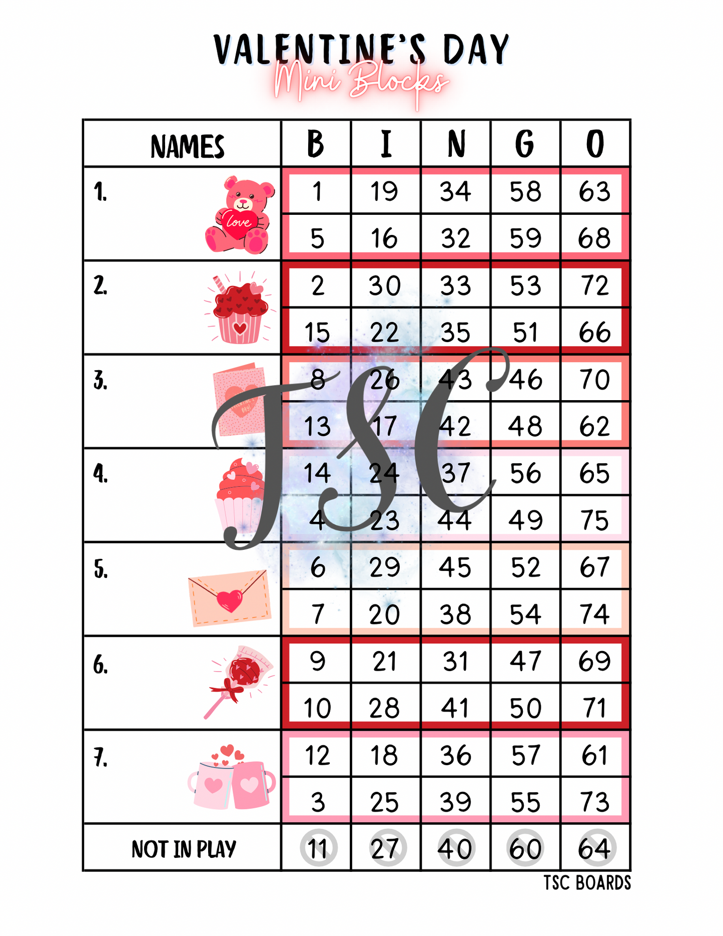 Valentine’s Day Mini Block Bingo Board 1-75 Ball