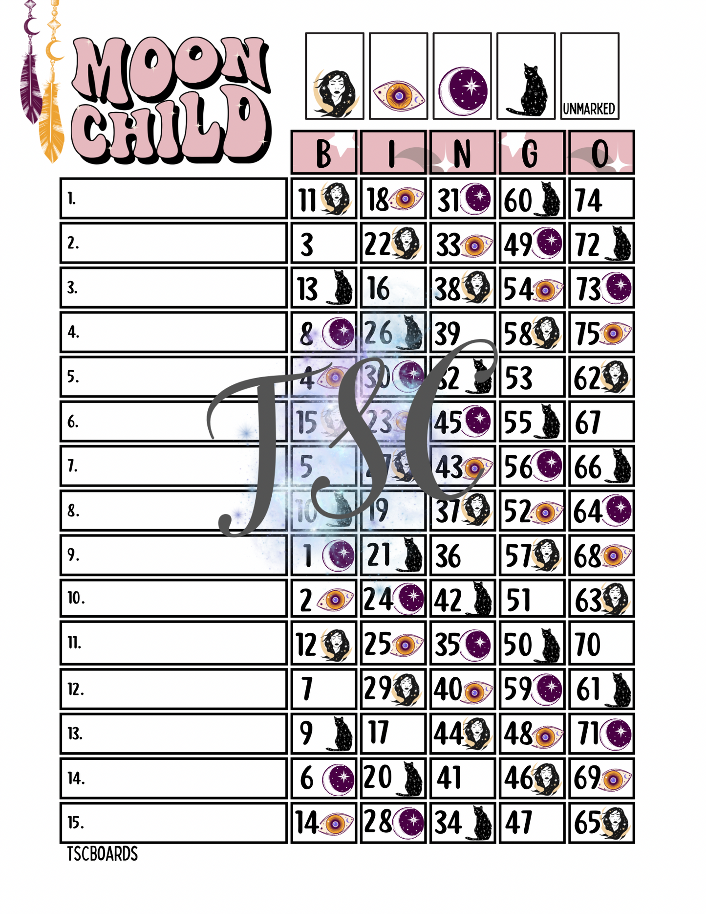 Moon Child Bingo Board 1-75 Ball