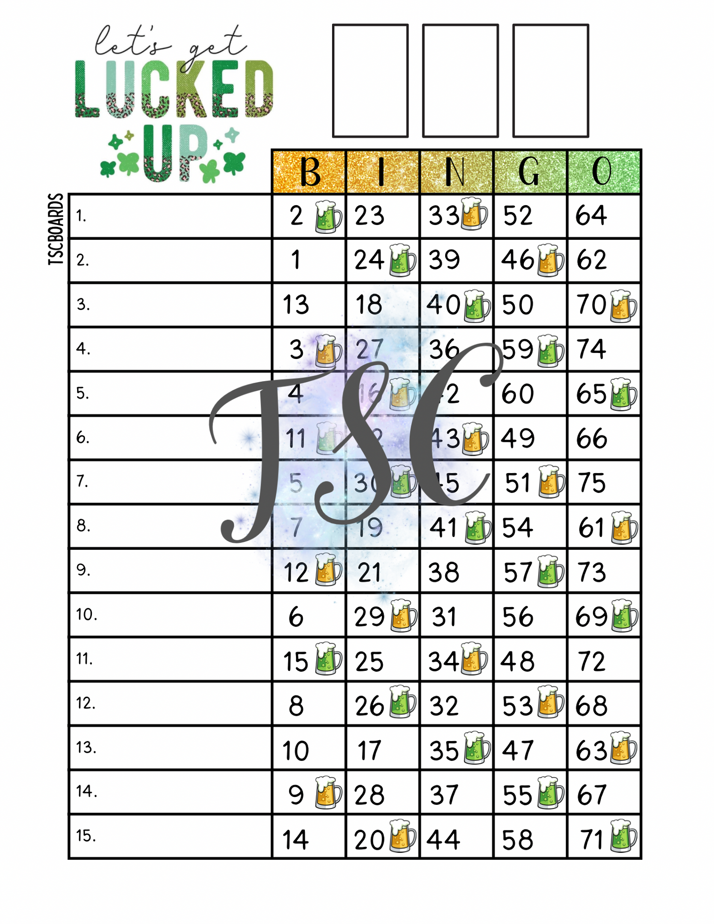 Let’s Get Lucked Up Bingo Board 1-75 Ball