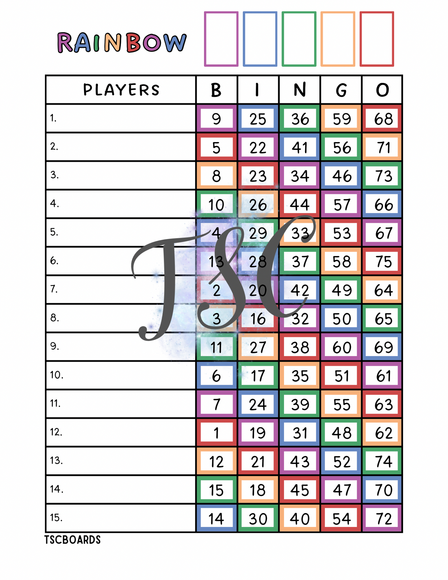 Rainbow Bingo Board 1-75 Ball