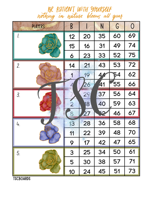 Be Patient With Yourself Block Bingo Board 1-75 Ball