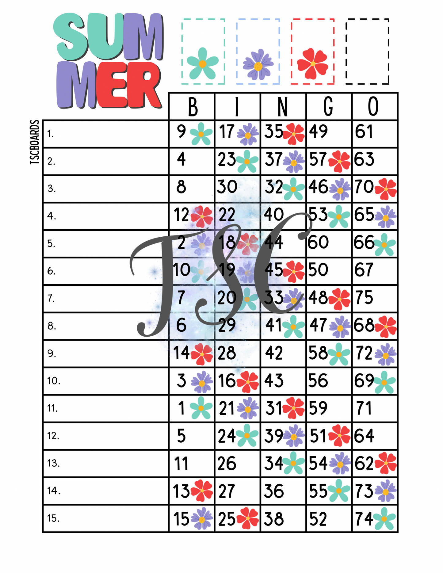 Summer Flowers Bingo Board 1-75 Ball