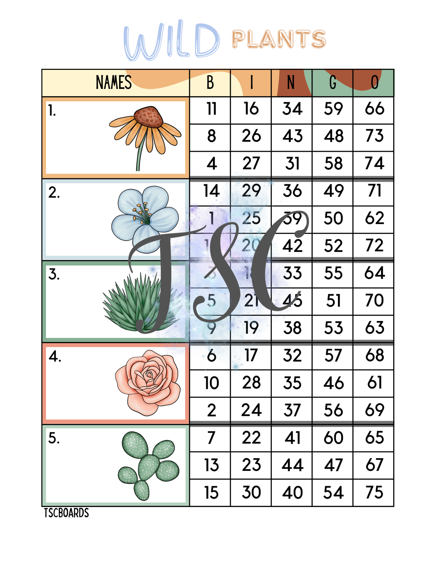 Wild Plants Bingo Board 1-75 Ball