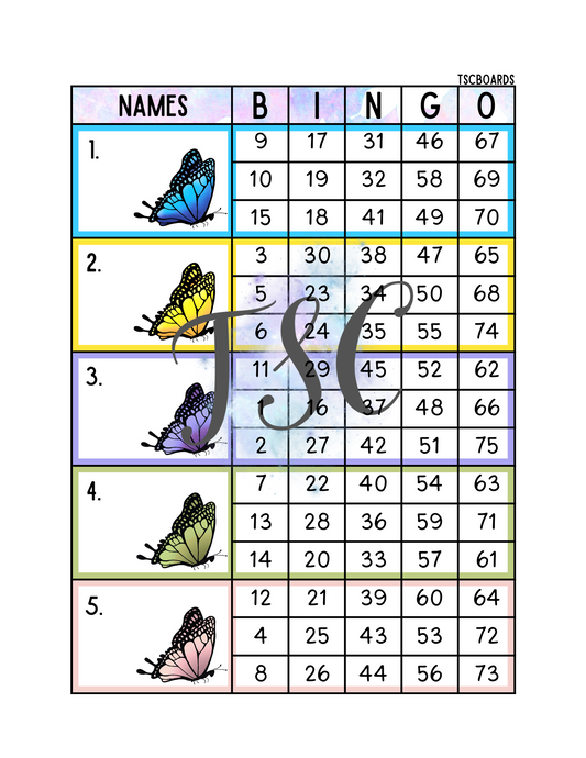 Butterfly Block Bingo Board 1-75 Ball