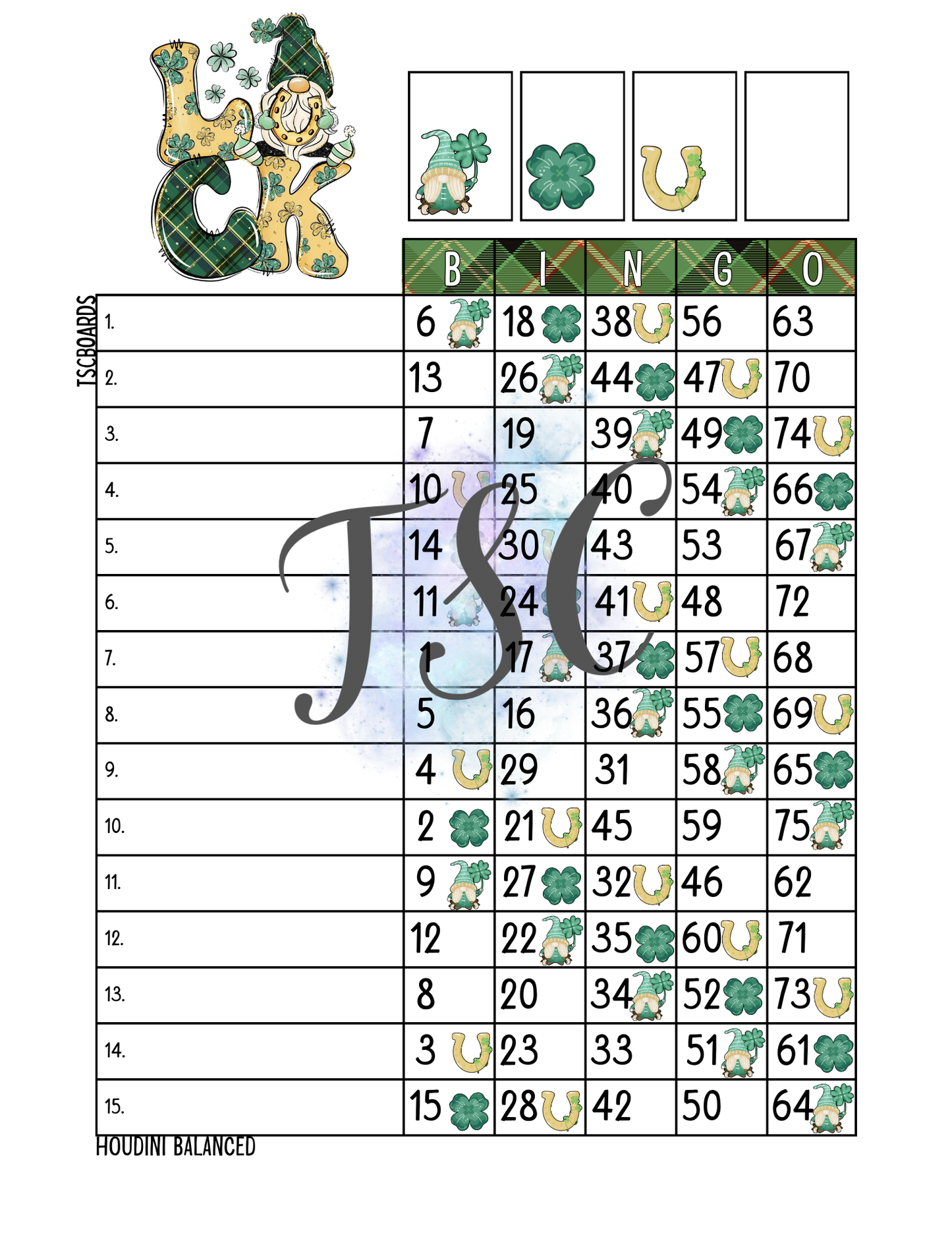 Luck Bingo Board 1-75 Ball