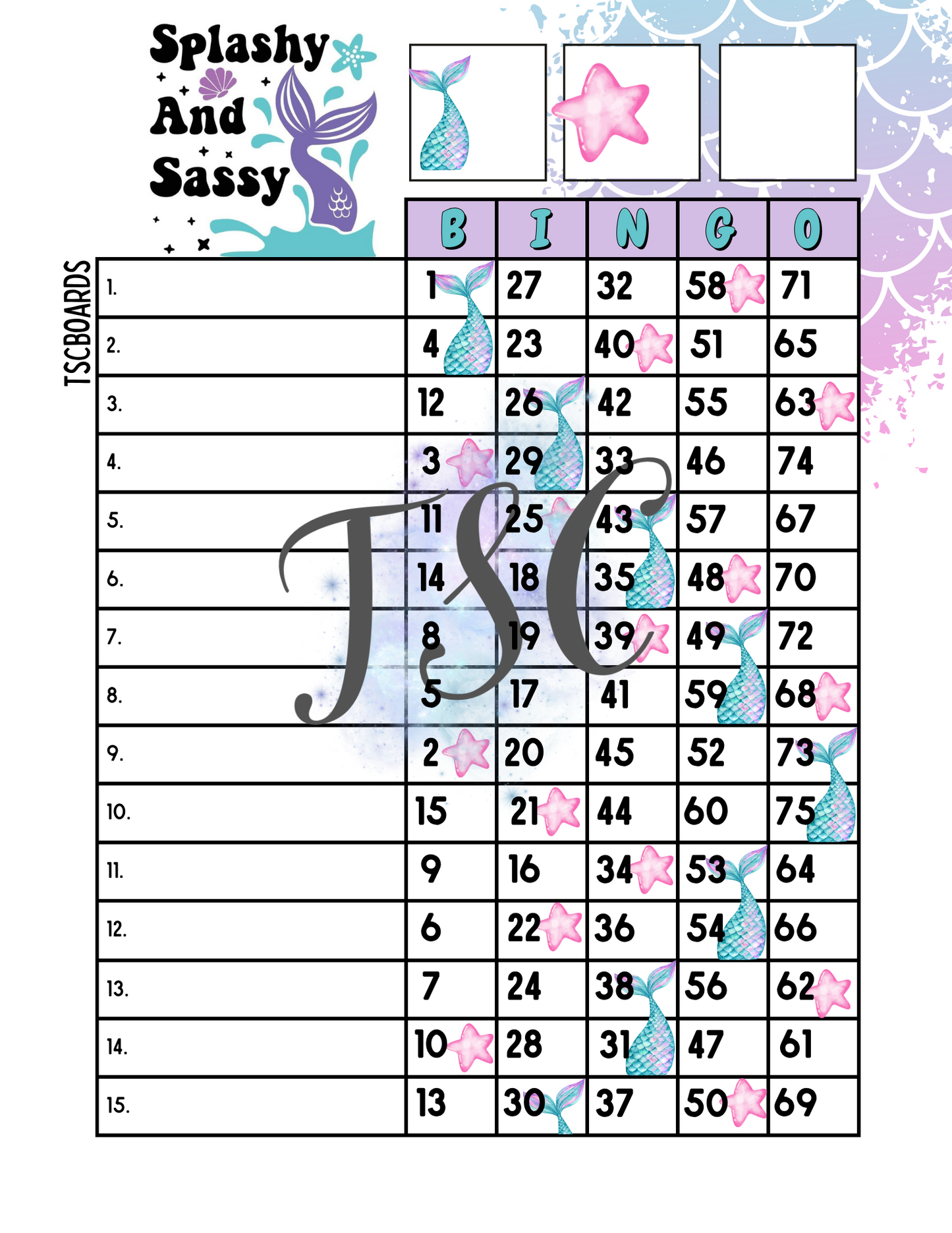 Splashy & Sassy Bingo Board 1-75 Ball