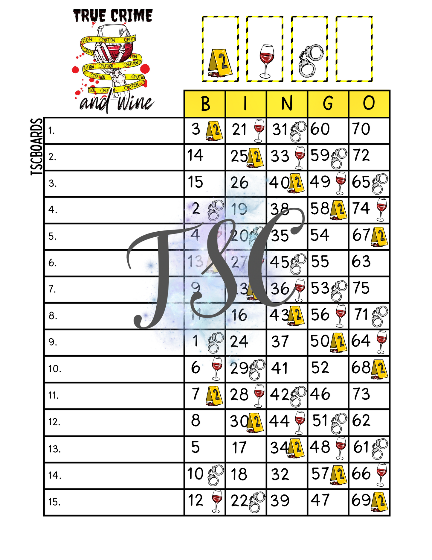 True Crime And Wine Bingo Board 1-75 Ball