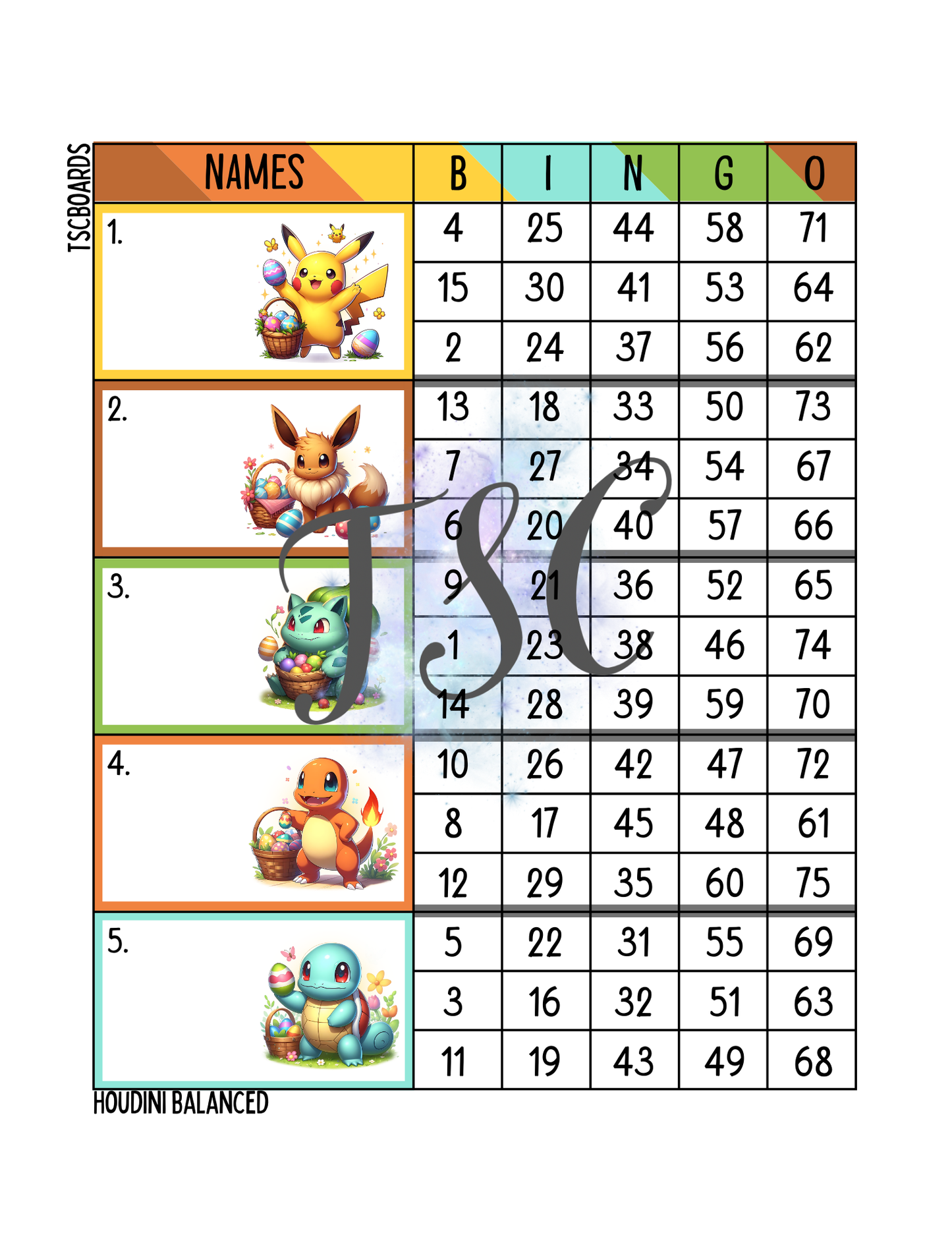 Easter Pokemon Block Bingo Board 1-75 Ball