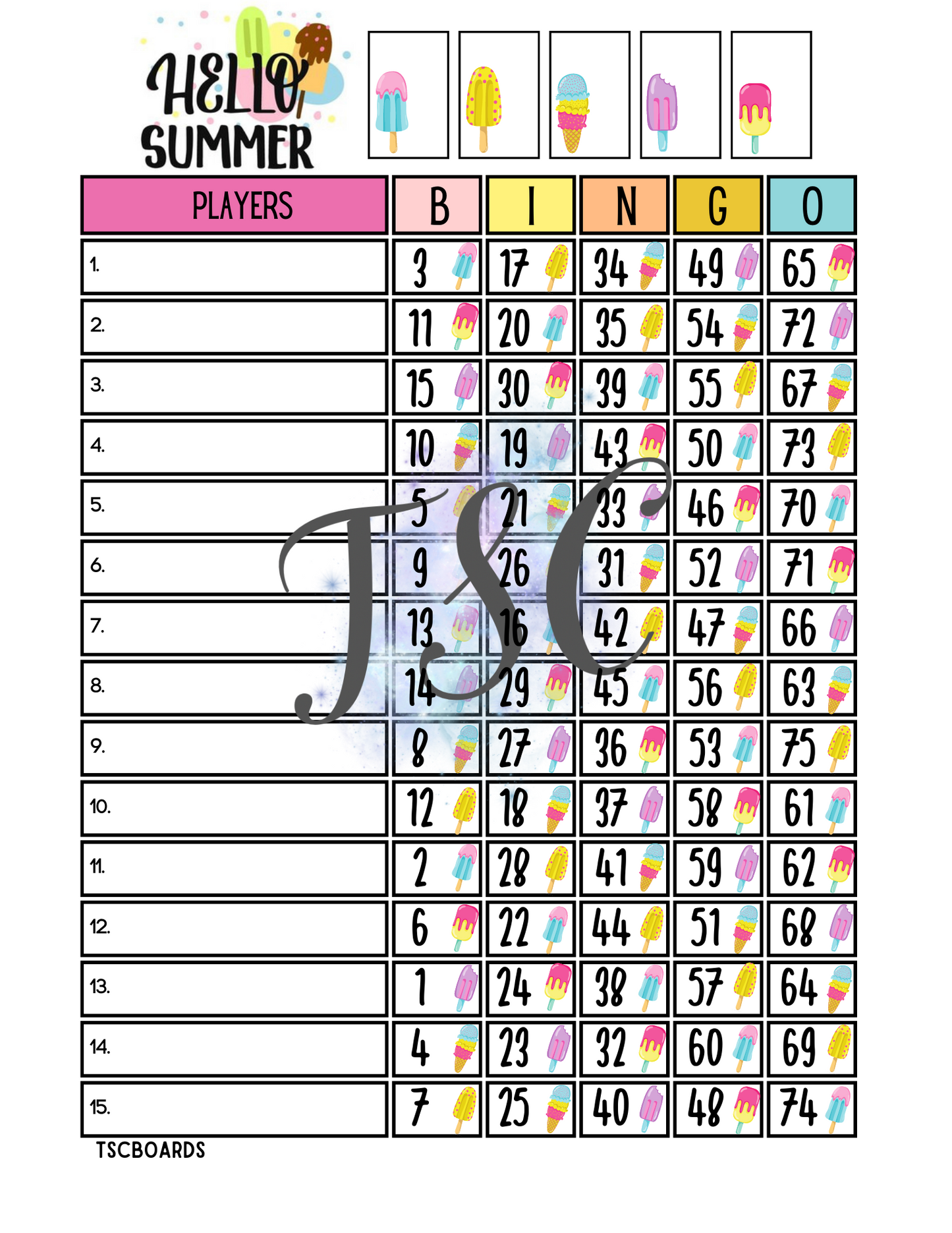 Hello Summer Bingo Board 1-75 Ball