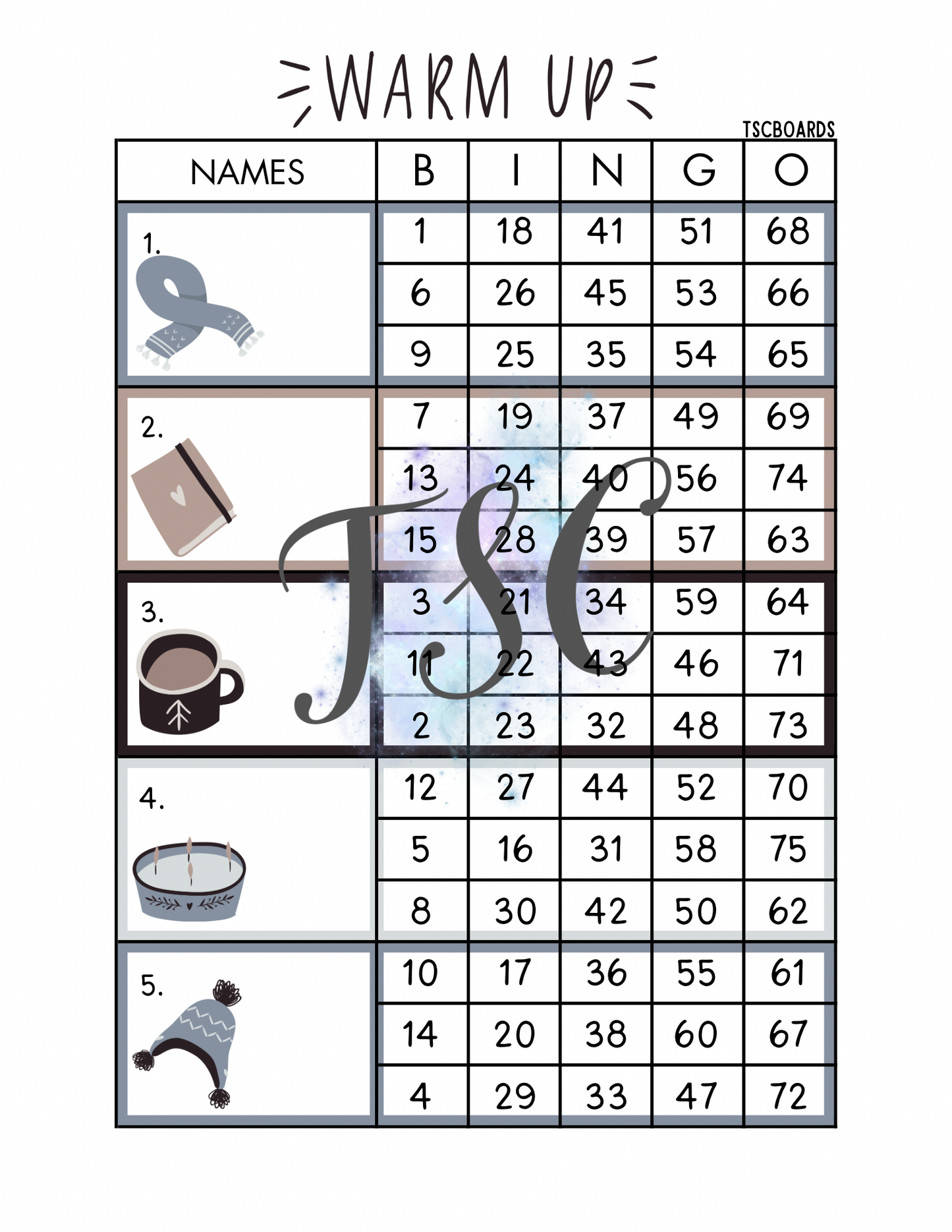Warm Up Block Bingo Board 1-75 Ball