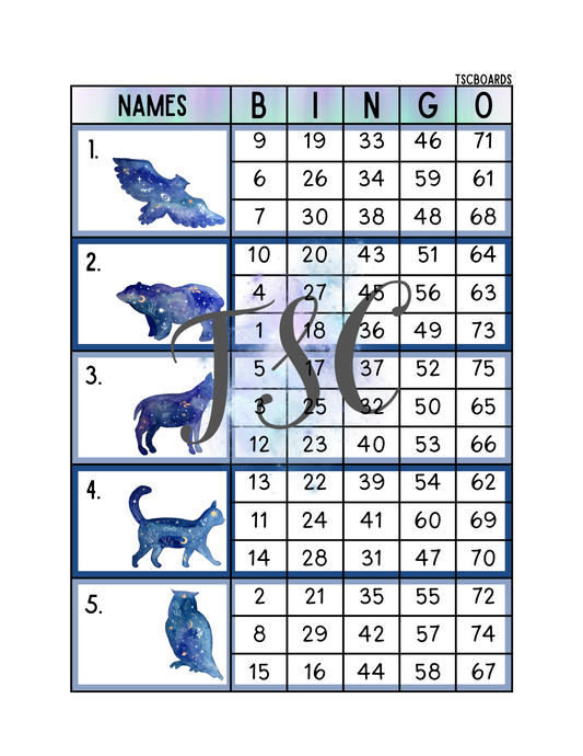 Spirit Animals Block Bingo Board 1-75 Ball