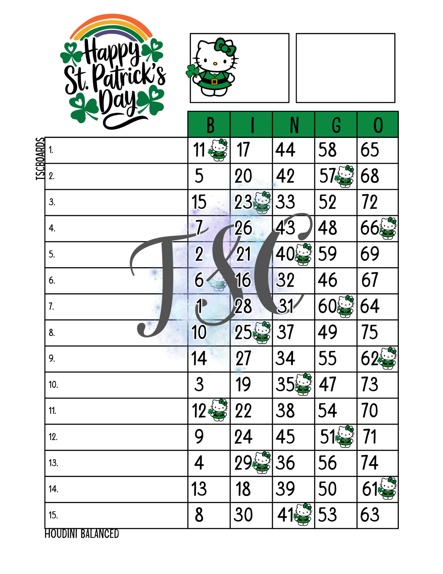 Happy St Patrick’s Day Bingo Board 1-75 Ball