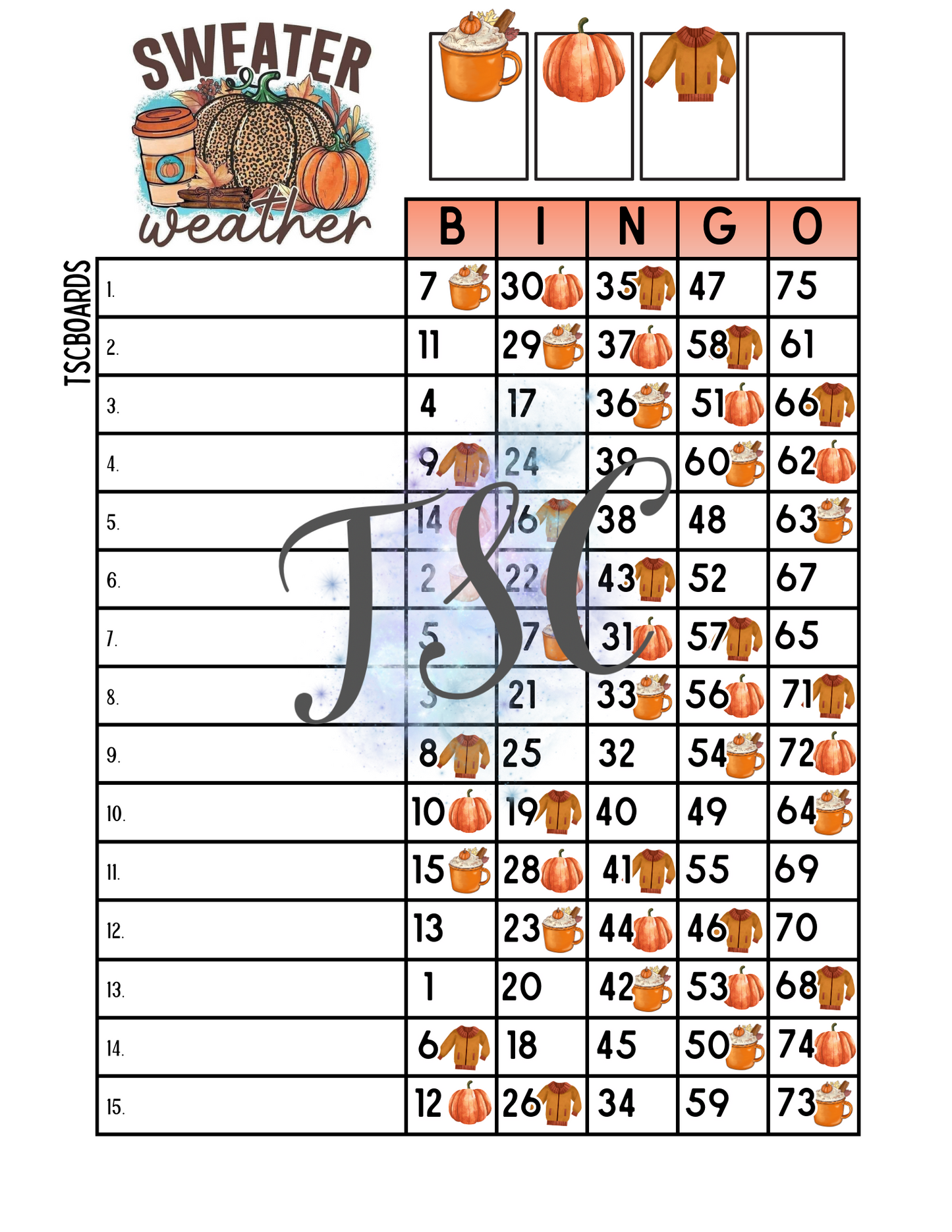 Sweater Weather Bingo Board 1-75 Ball