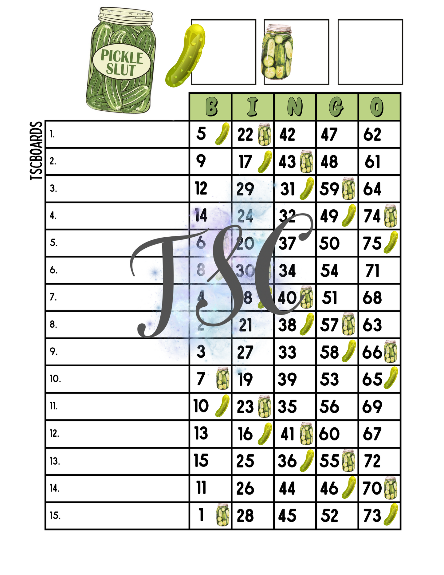 Pickle Slut Bingo Board 1-75 Ball